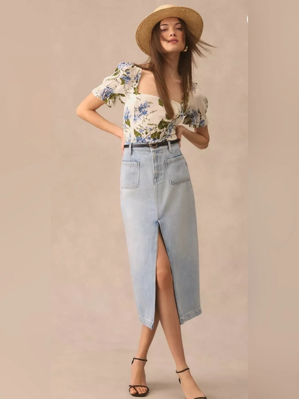Reformation Constance Top Cream Floral Square-Neck Puff Sleeve Top